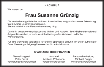 Traueranzeige von Susanne Grünzig von Frankenpost