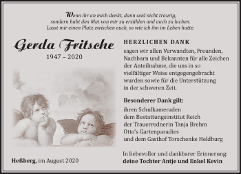 Traueranzeige von Gerda Fritsche von Südthüringer Presse