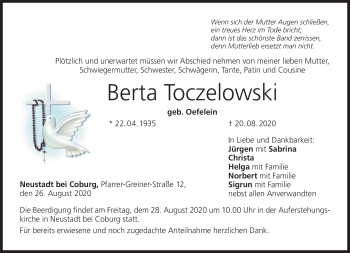 Traueranzeige von Berta Toczelowski von Neue Presse Coburg