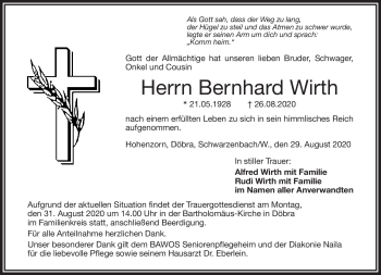 Traueranzeige von Bernhard Wirth von Frankenpost