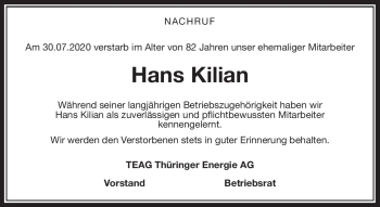 Traueranzeige von Hans Kilian von Südthüringer Presse