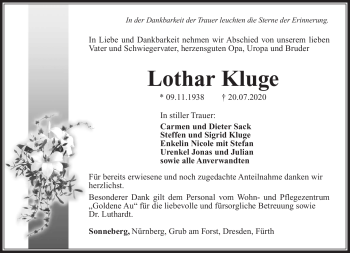 Traueranzeige von Lothar Kluge von Südthüringer Presse