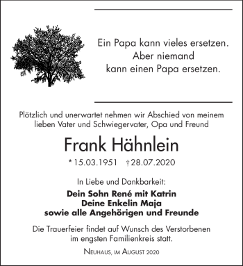Traueranzeige von Frank Hähnlein von Südthüringer Presse