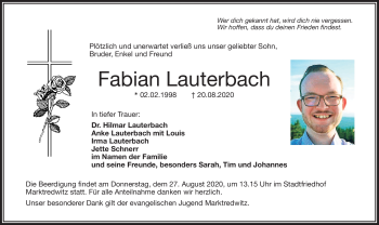 Traueranzeige von Fabian Lauterbach von Frankenpost