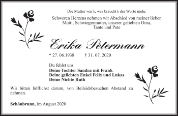 Traueranzeige von Erika Petermann von Südthüringer Presse