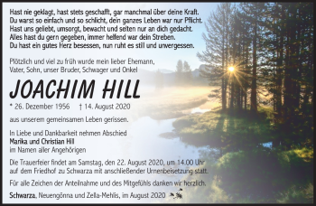 Traueranzeige von Joachim Hill von Südthüringer Presse
