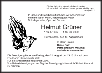 Traueranzeige von Helmut Grüner von Frankenpost