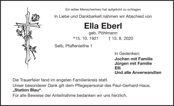 Traueranzeige von Ella Eberl von Frankenpost