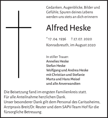 Traueranzeige von Alfred Heske von Frankenpost