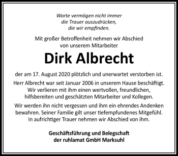 Traueranzeige von Dirk Albrecht von Südthüringer Presse