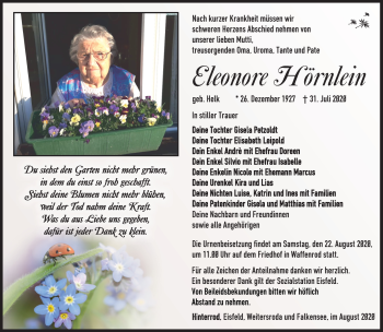 Traueranzeige von Eleonore Hörnlein von Südthüringer Presse