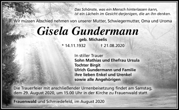 Traueranzeige von Gisela Gundermann von Südthüringer Presse