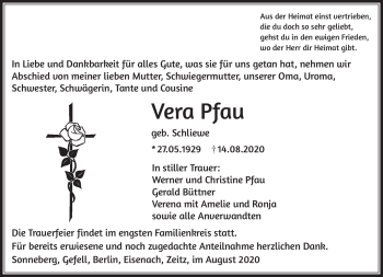 Traueranzeige von Vera Pfau von Südthüringer Presse