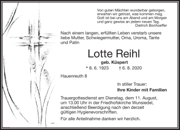 Traueranzeige von Lotte Reihl von Frankenpost
