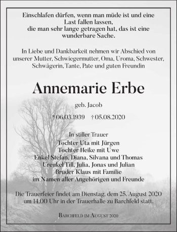 Traueranzeige von Annemarie Erbe von Südthüringer Presse