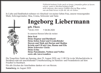 Traueranzeige von Ingeborg Liebermann von Südthüringer Presse