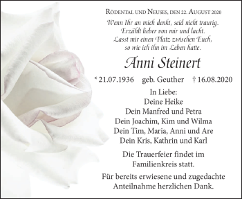 Traueranzeige von Anni Steinert von Neue Presse Coburg