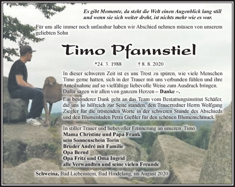  Traueranzeige für Timo Pfannstiel vom 28.08.2020 aus Südthüringer Presse