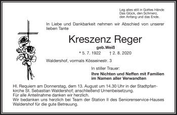 Traueranzeige von Kreszenz Reger von Frankenpost