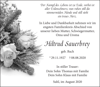 Traueranzeige von Hiltrud Sauerbrey von Südthüringer Presse