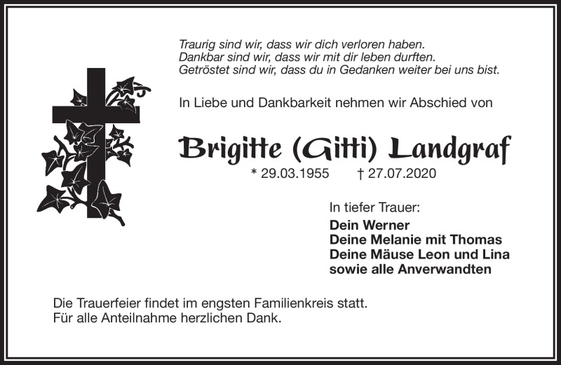  Traueranzeige für Brigitte Landgraf vom 01.08.2020 aus Frankenpost