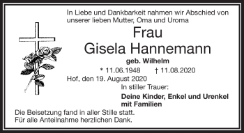 Traueranzeige von Gisela Hannemann von Frankenpost