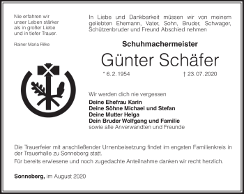 Traueranzeige von Günter Schäfer von Südthüringer Presse