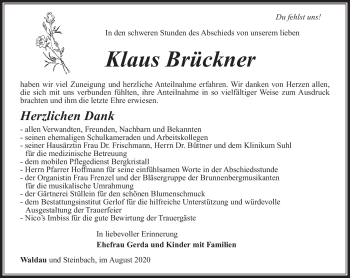 Traueranzeige von Klaus Brückner von Südthüringer Presse