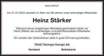 Traueranzeige von Heinz Stärker von Südthüringer Presse