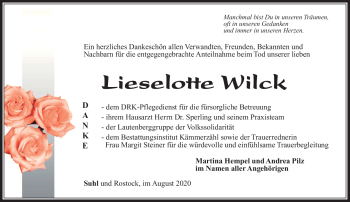 Traueranzeige von Lieselotte Wilck von Südthüringer Presse