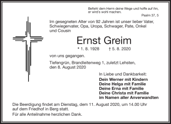 Traueranzeige von Ernst Greim von Frankenpost