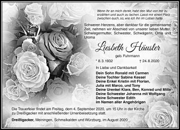 Traueranzeige von Lisbeth Häusler von Südthüringer Presse