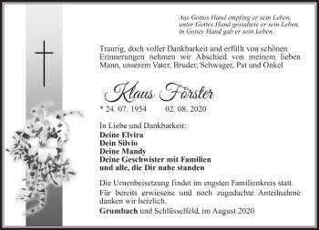 Traueranzeige von Klaus Förster von Südthüringer Presse
