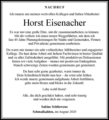 Traueranzeige von Horst Eisenacher von Südthüringer Presse