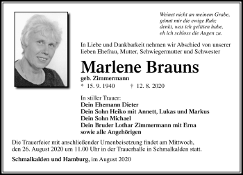 Traueranzeige von Marlene Brauns von Südthüringer Presse