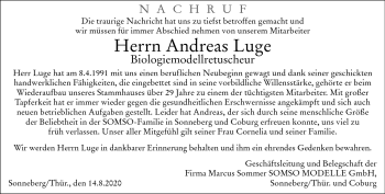 Traueranzeige von Andreas Luge von Südthüringer Presse
