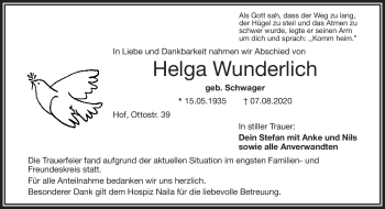 Traueranzeige von Helga Wunderlich von Frankenpost