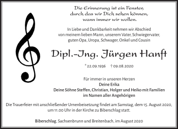Traueranzeige von Jürgen Hanft von Südthüringer Presse