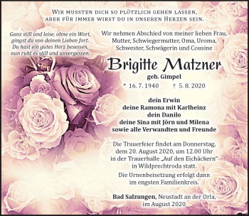 Traueranzeige von Brigitte Matzner von Südthüringer Presse