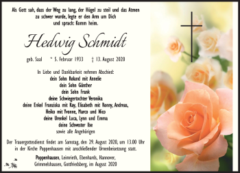 Traueranzeige von Hedwig Schmidt von Südthüringer Presse