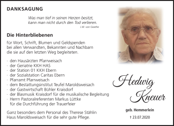 Traueranzeige von Hedwig Kneuer von Neue Presse Coburg