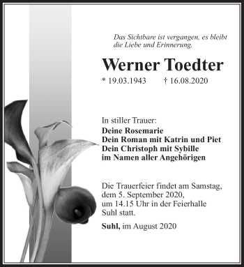 Traueranzeige von Werner Toedter von Südthüringer Presse