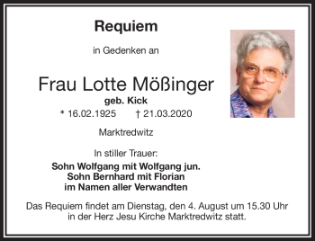 Traueranzeige von Lotte Mößinger von Frankenpost