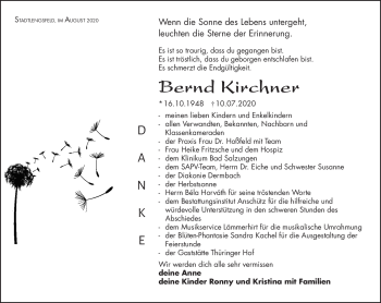 Traueranzeige von Bernd Kirchner von Südthüringer Presse