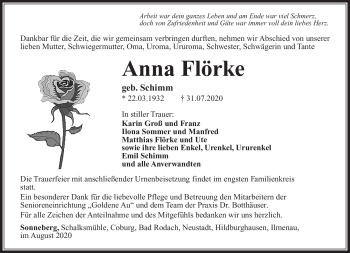Traueranzeige von Anna Flörke von Südthüringer Presse