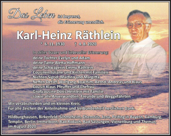 Traueranzeige von Karl-Heinz Räthlein von Südthüringer Presse
