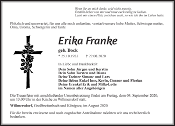 Traueranzeige von Erika Franke von Südthüringer Presse