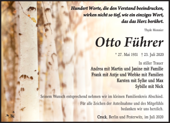 Traueranzeige von Otto Führer von Südthüringer Presse