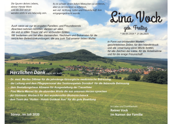 Traueranzeige von Lina Vock von Südthüringer Presse