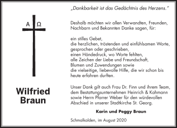 Traueranzeige von Wilfried Braun von Südthüringer Presse